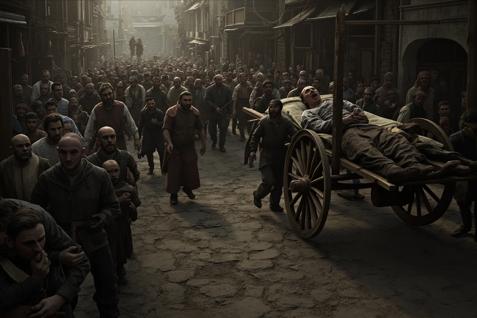 Crowded medieval town street with plague victims lying ill, wooden carts being pulled through narrow lanes