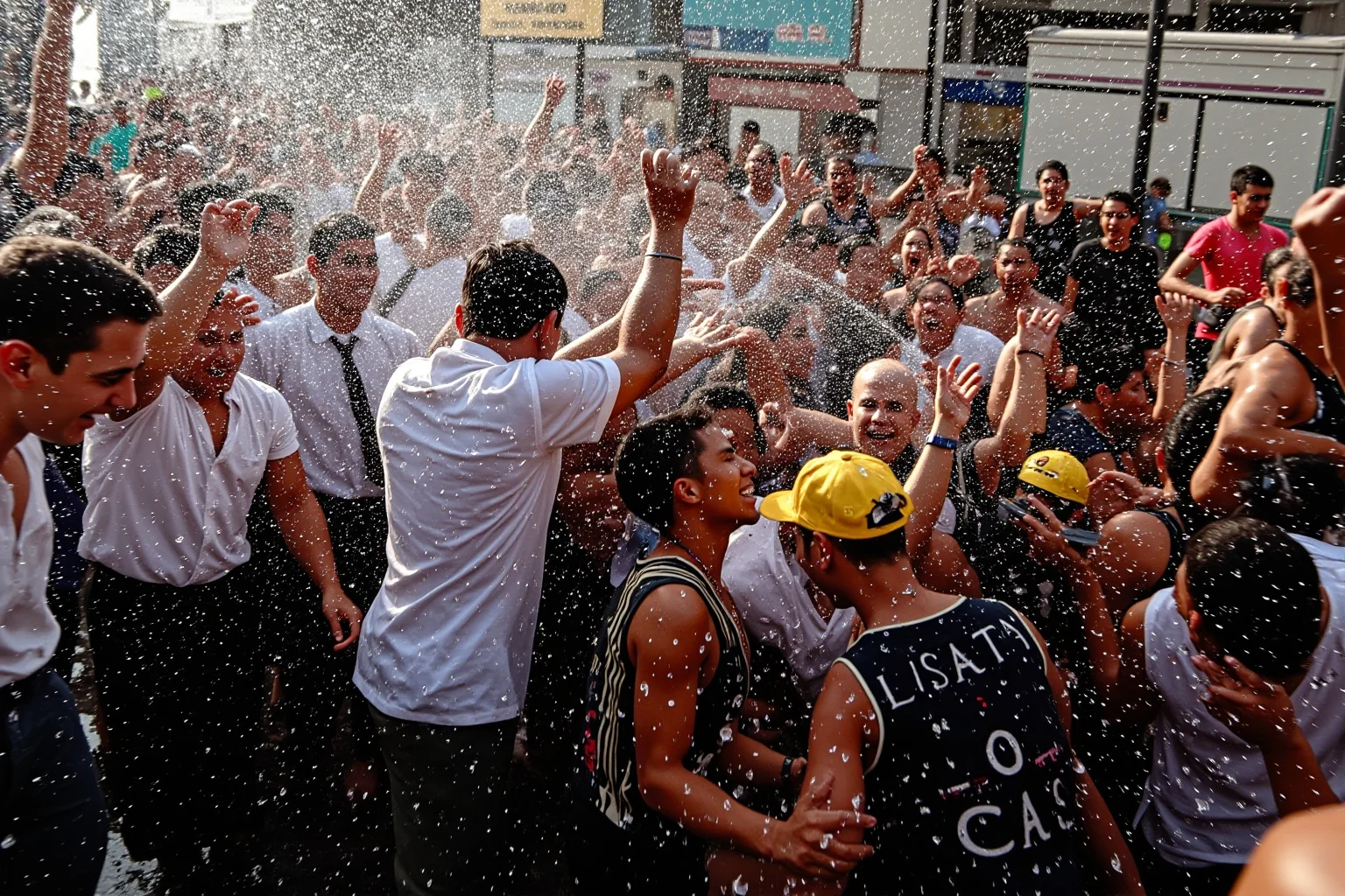 Crowds joyfully splashing water on each other in the streets during a Thai New Year celebration