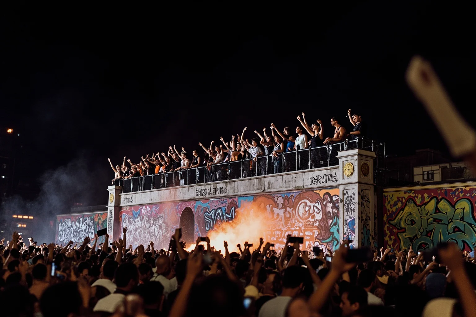 Crowds of people celebrating atop a large concrete wall covered in graffiti under a night sky with lights