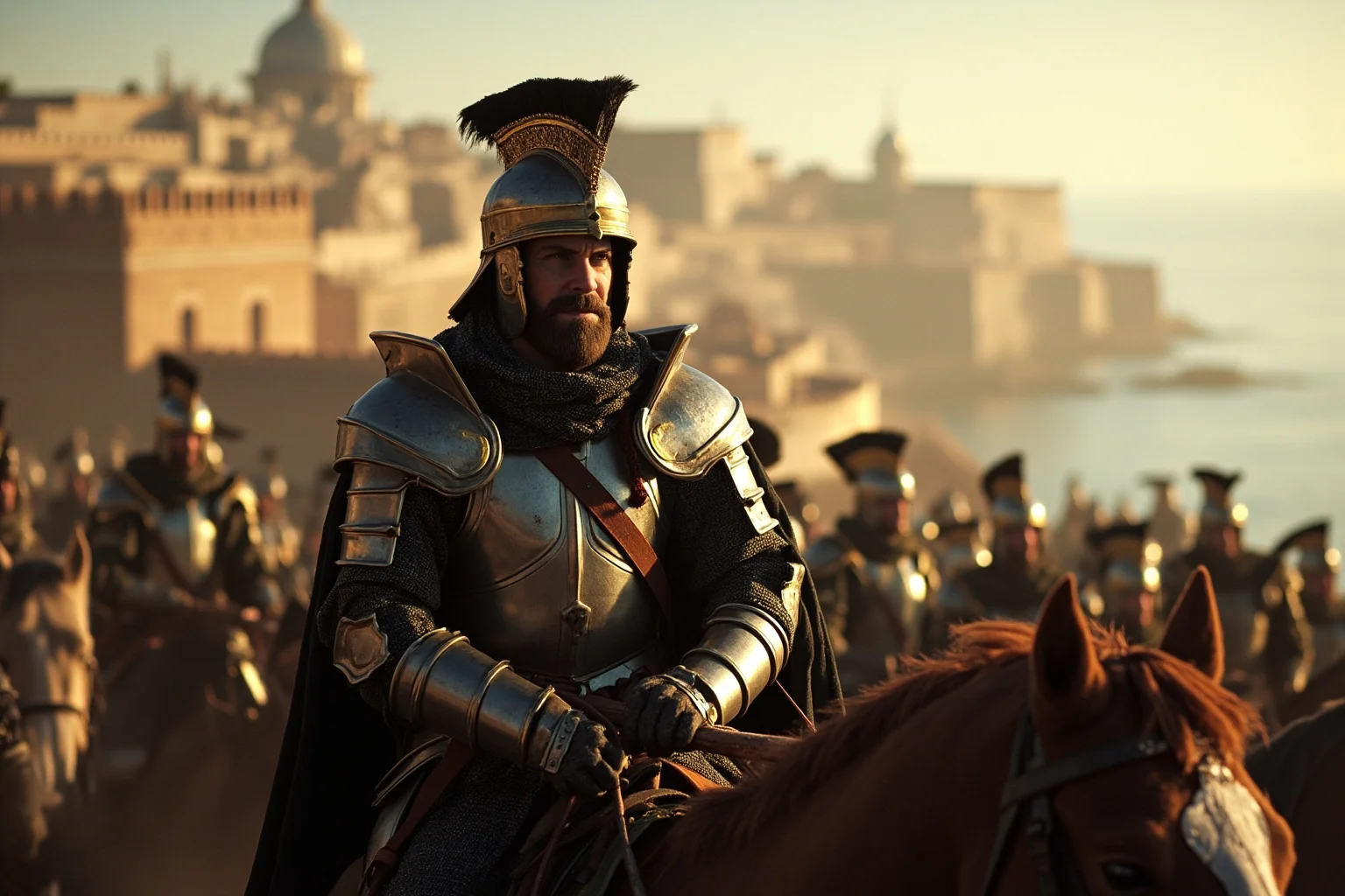 22 Most Notorious Knights From History: Heroes, Villains, and Legends 7 Crowned knight-king in crusader armor leading mounted soldiers toward a fortified coastal city