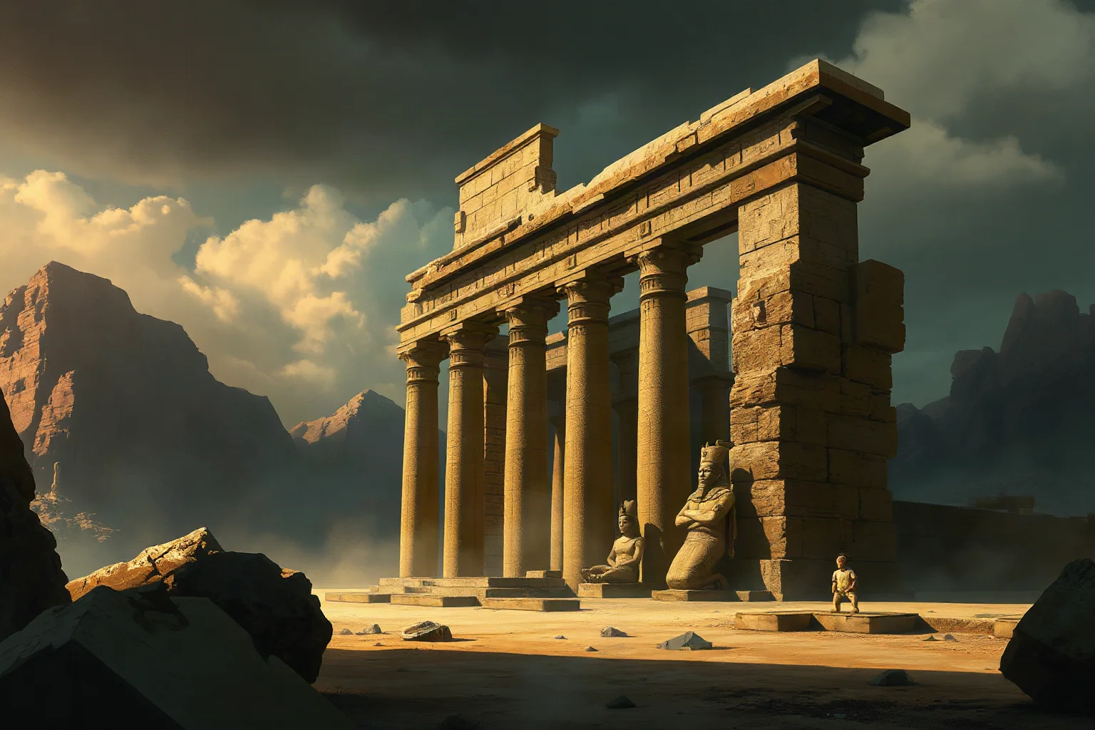 Crumbling ancient Egyptian temple with neglected statues, moody atmospheric illustration