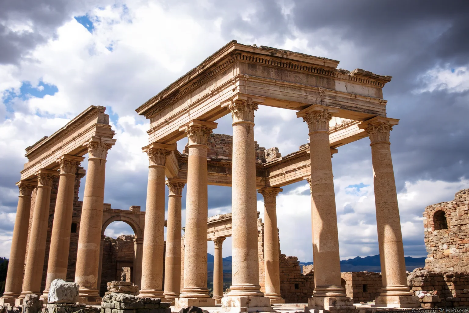 Crumbling Roman ruins with columns and archways against a dramatic sky
