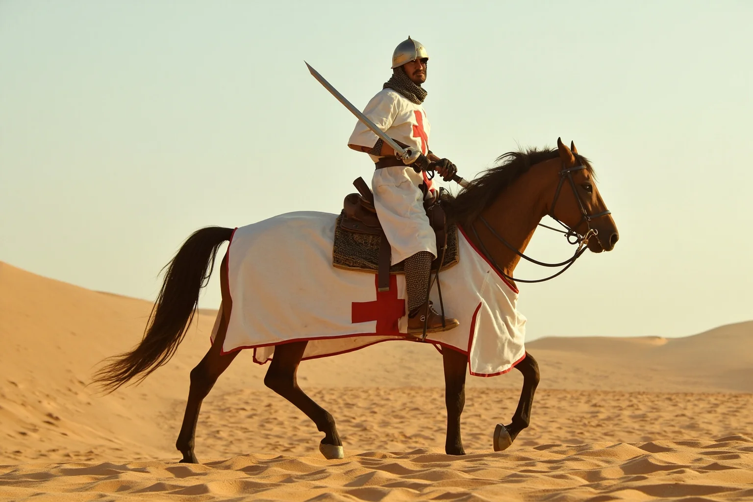Crusader knight in white surcoat with red cross, mounted on horseback with sword drawn, in a desert landscape
