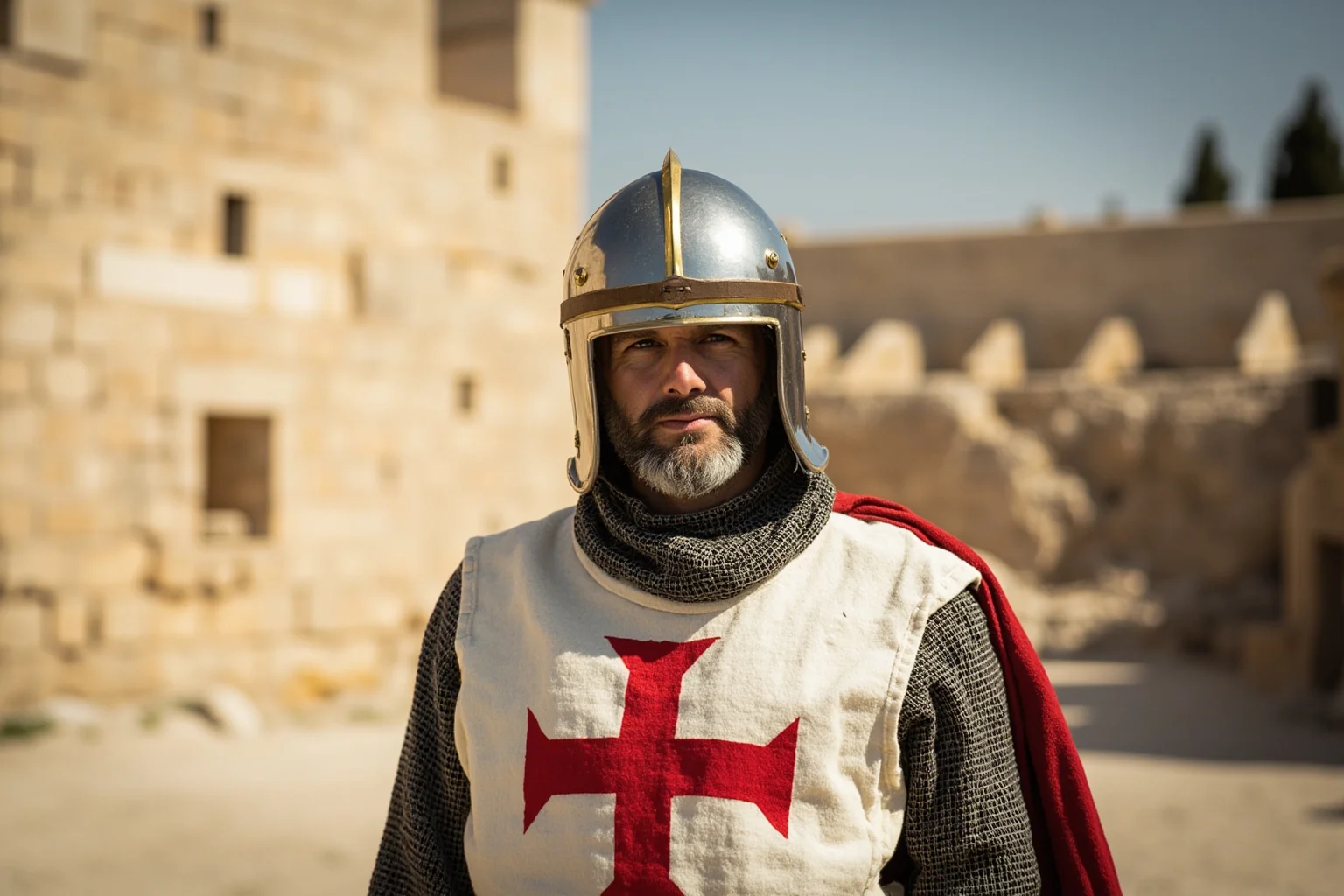 22 Most Notorious Knights From History: Heroes, Villains, and Legends 13 Crusader knight in white tunic marked with a red cross standing before ancient Jerusalem walls