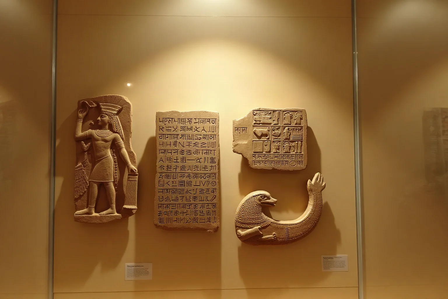 Cuneiform clay tablets and a stylized depiction of Mesopotamian gods like Ishtar and Marduk, museum-style lighting