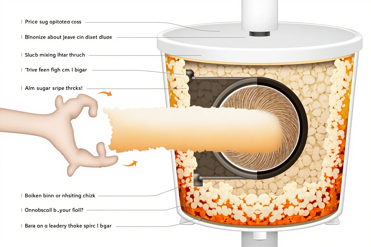 Cutaway diagram-style illustration showing melted sugar spinning into threads inside a candy machine