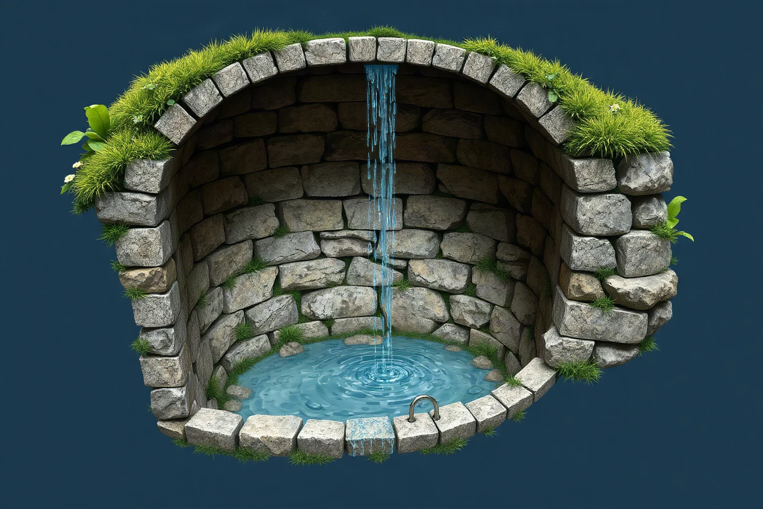 Cutaway illustration of a bell-shaped underground stone cistern collecting rainwater