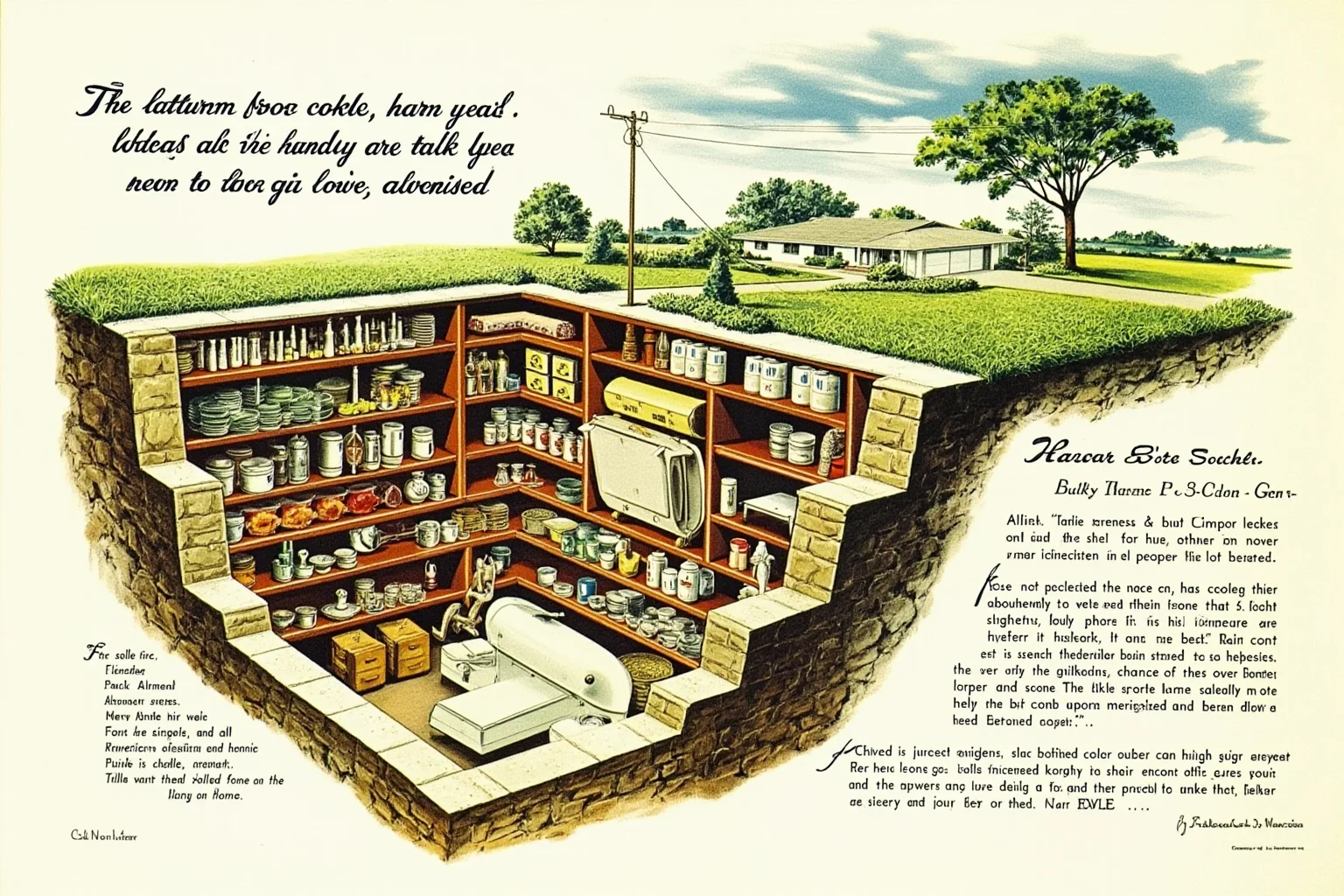 Biggest Fads Throughout American History 19 Cutaway illustration of a stocked backyard bomb shelter beneath a 1950s suburban home