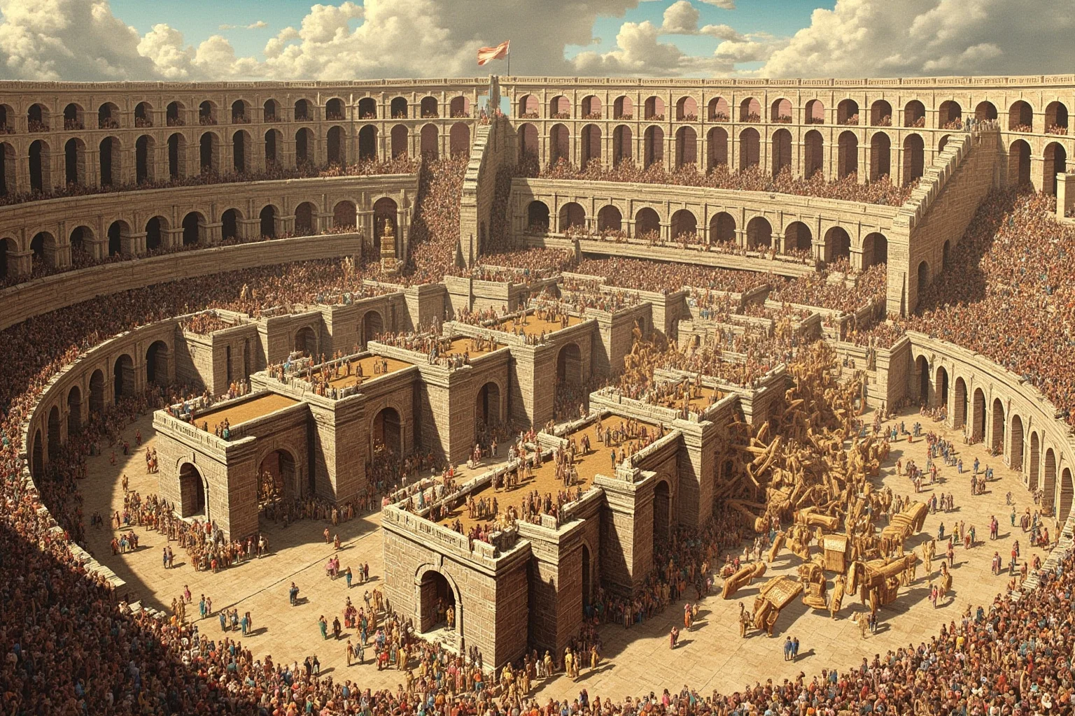 Cutaway illustration of Roman stadium exit passageways (vomitoria) with crowds streaming out