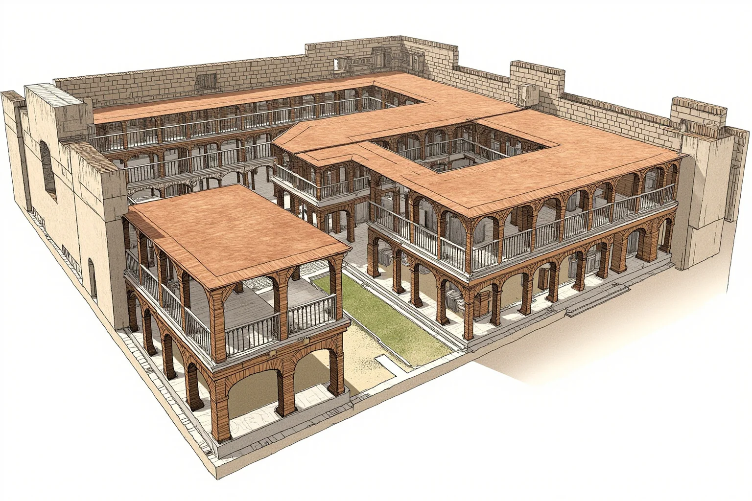 Cutaway illustration of Trajan's Market in ancient Rome showing multiple levels of small shop units under arched brick corridors