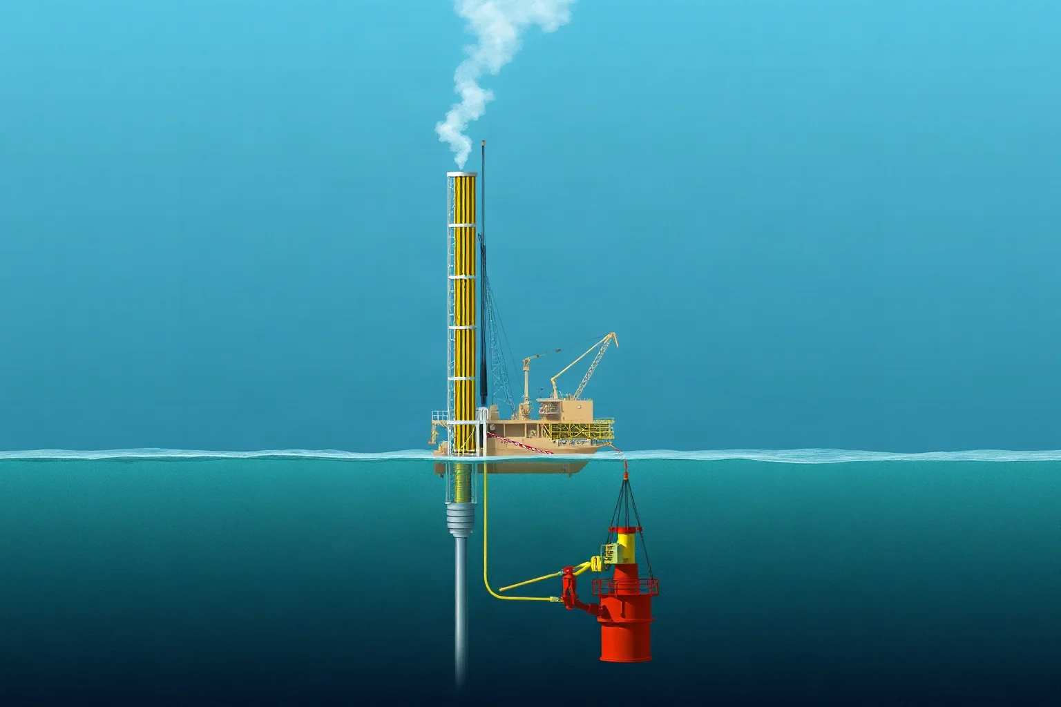 Cutaway technical illustration of a deepwater oil well showing cement barrier, drilling mud column, riser pipe, and a blowout preventer stack on the seafloor
