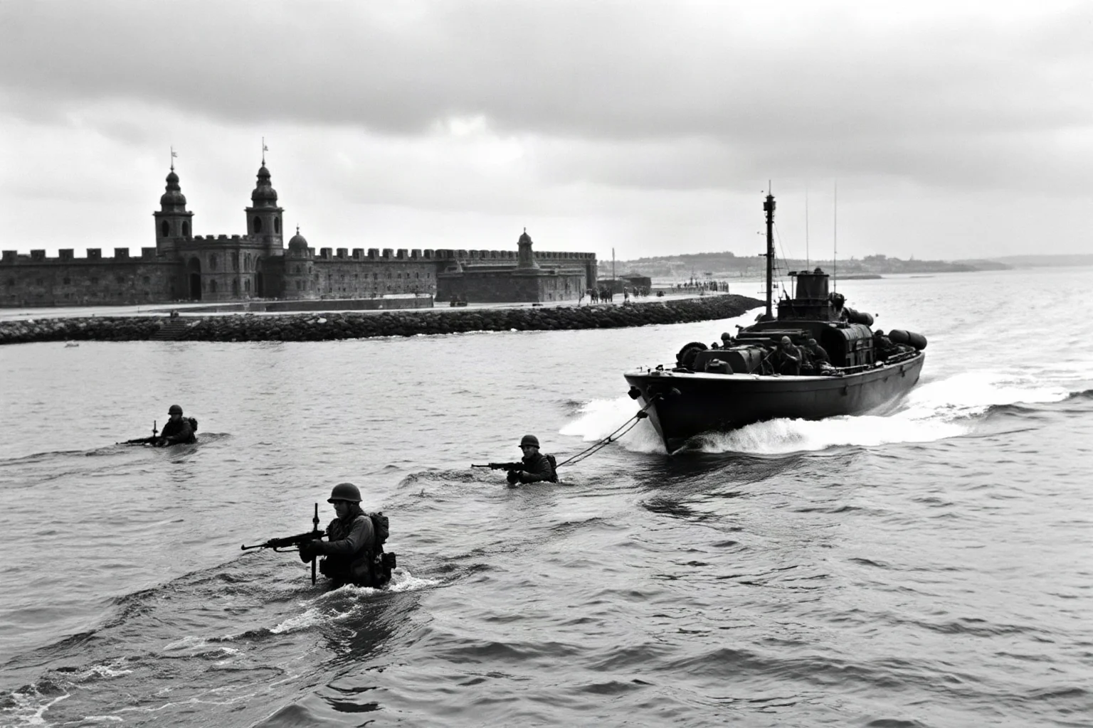 D-Day amphibious invasion with landing craft approaching fortified beach under heavy fire, soldiers wading through water, coastal fortifications in background