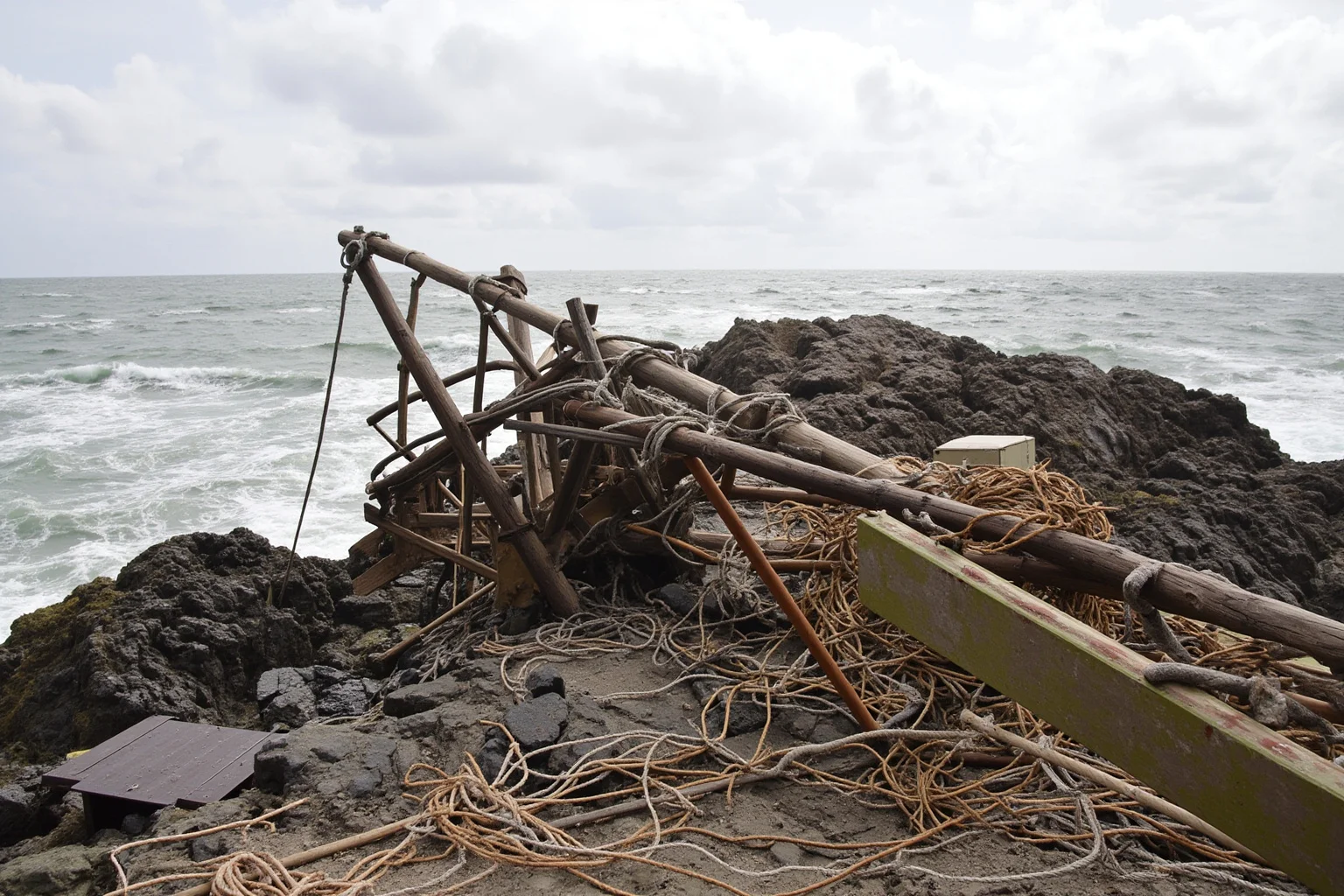 Damaged wooden crane and tangled ropes at a rocky coastal landing point after a storm