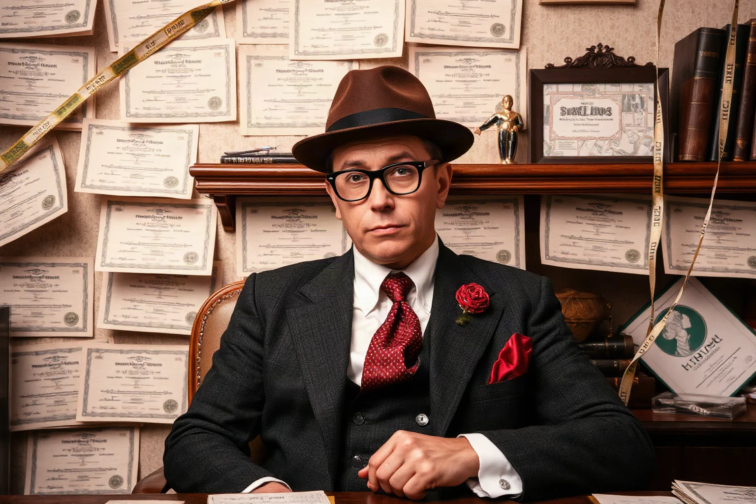 Dapper 1920s hustler in a rented office surrounded by fake stock certificates and ticker tape