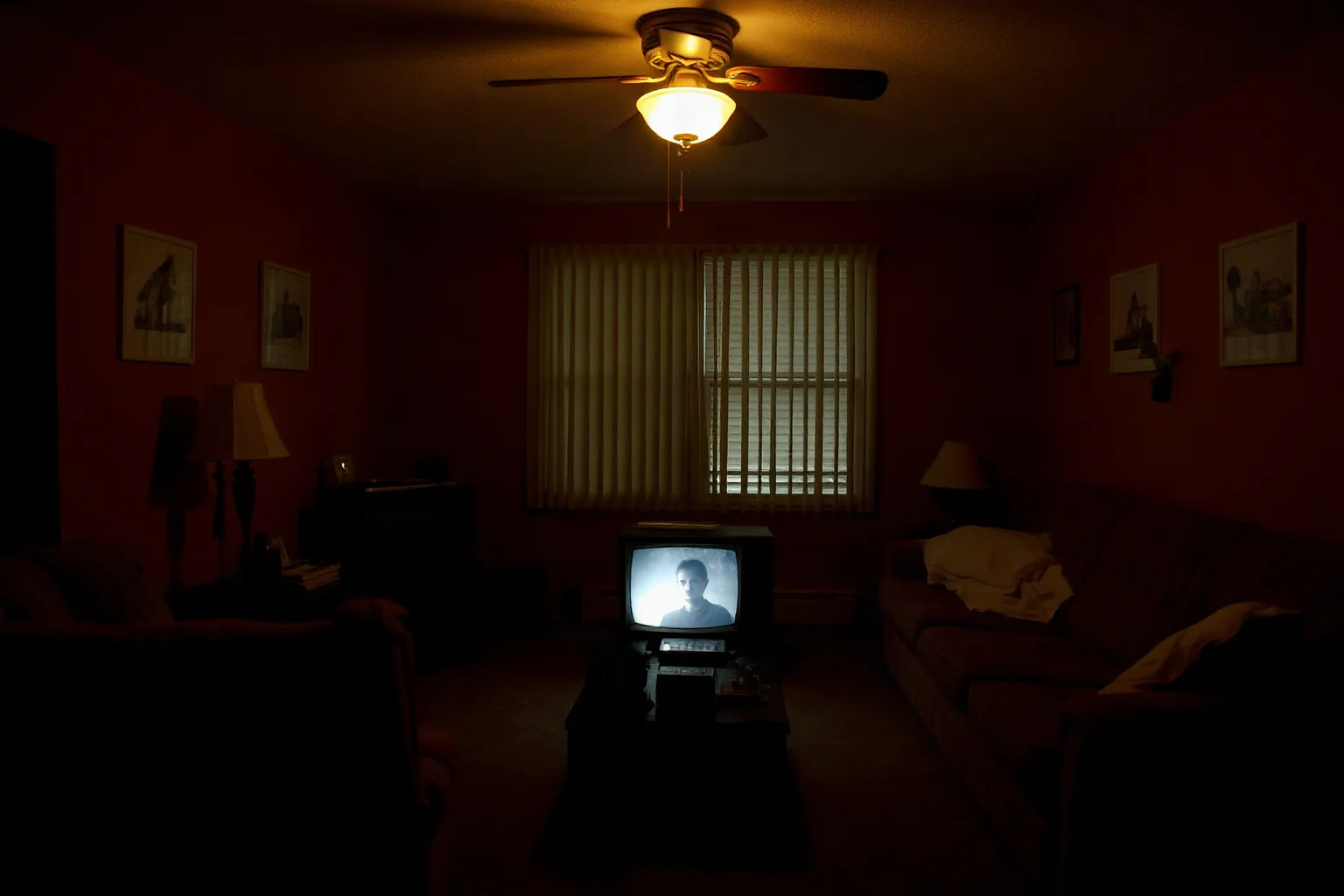Dark 1980s suburban living room with flickering television light, symbolic shadowy imagery suggesting moral panic, no real people