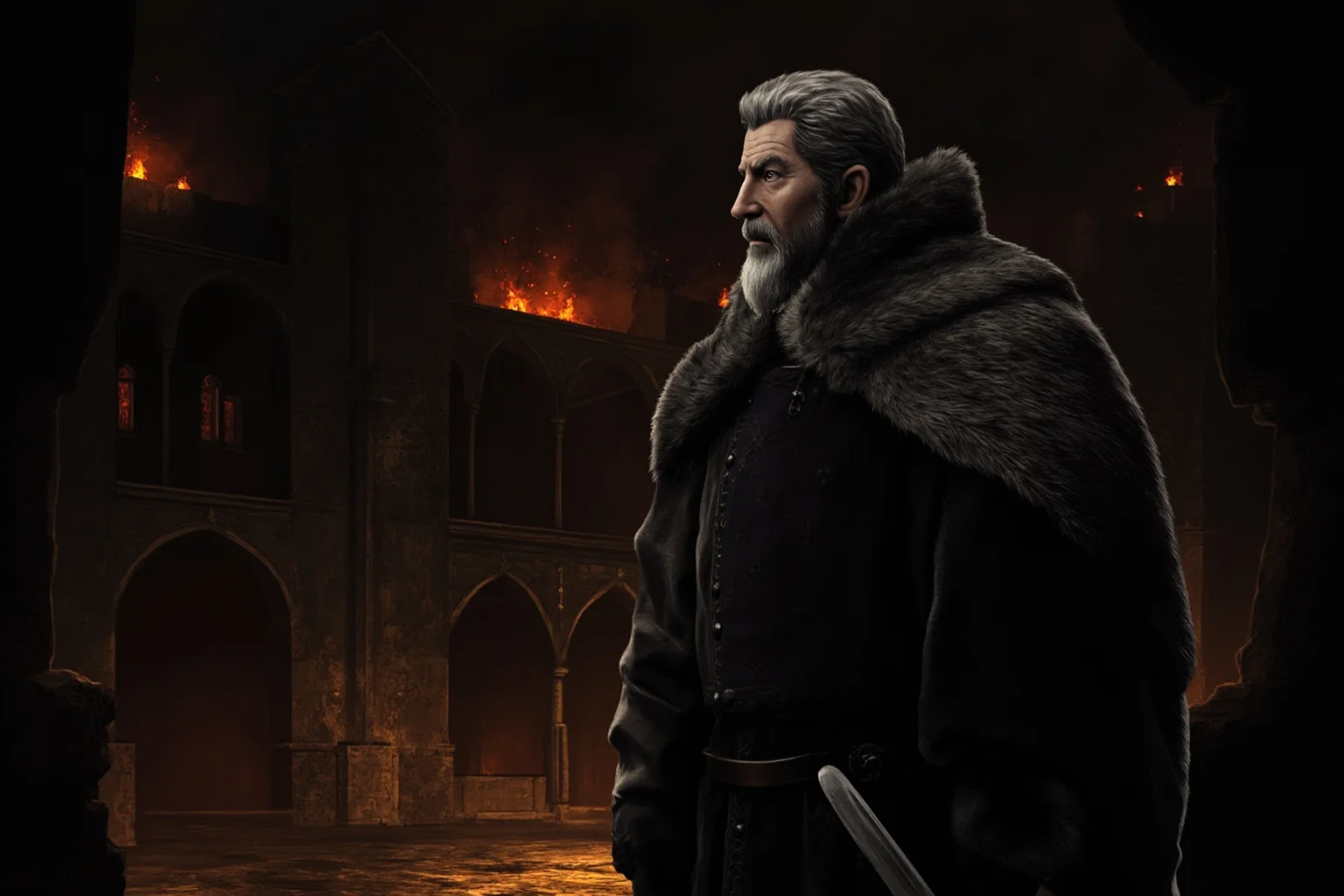 Dark, atmospheric illustration of a medieval Eastern European ruler standing before a torch-lit castle courtyard