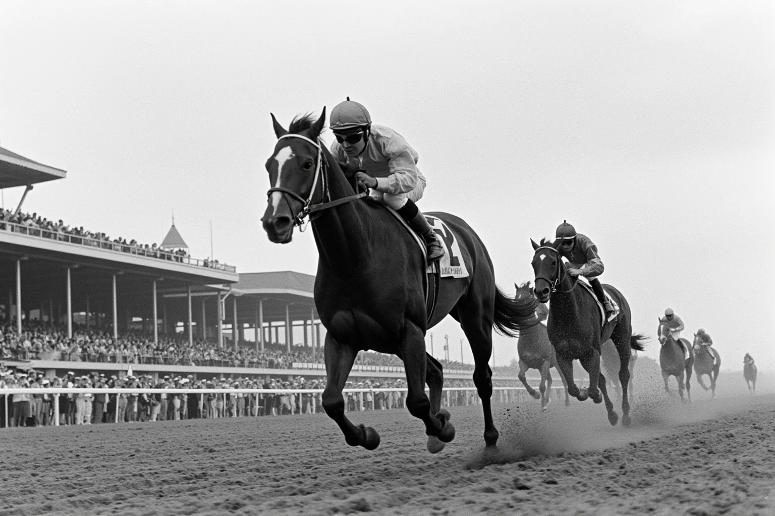 Famous Horses in History: 22 of the Most Legendary Names 12 Dark bay thoroughbred racehorse with jockey winning the Belmont Stakes by a dramatic distance, 1973 sports photography style
