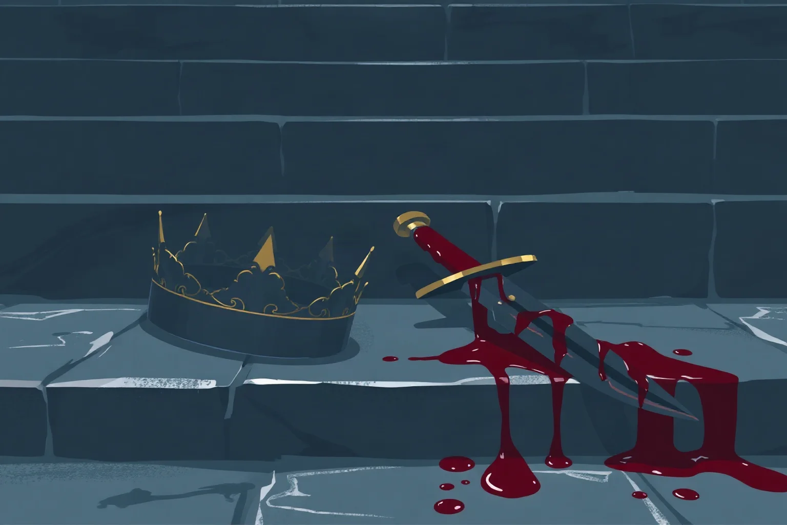 Dark illustration of a crown resting beside a bloodied dagger on stone steps, evoking Macbeth, symbolic style