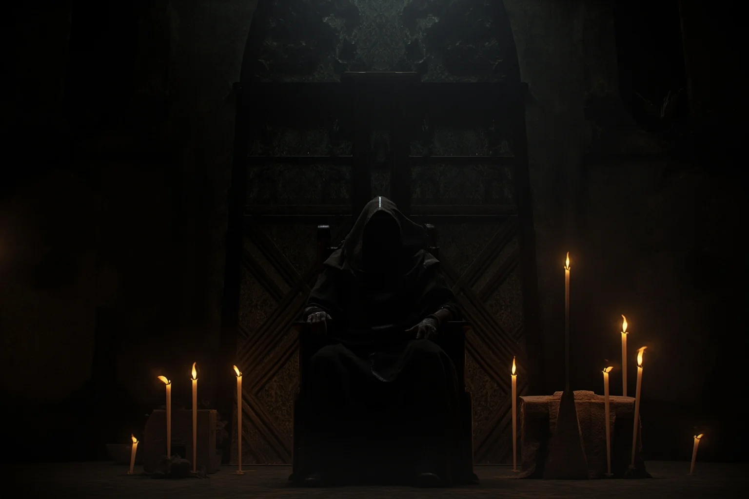 22 Lesser-Known Historical Events That No One Talks About 15 Dark medieval church interior with a solemn robed figure seated on a throne-like chair, dramatic candlelight