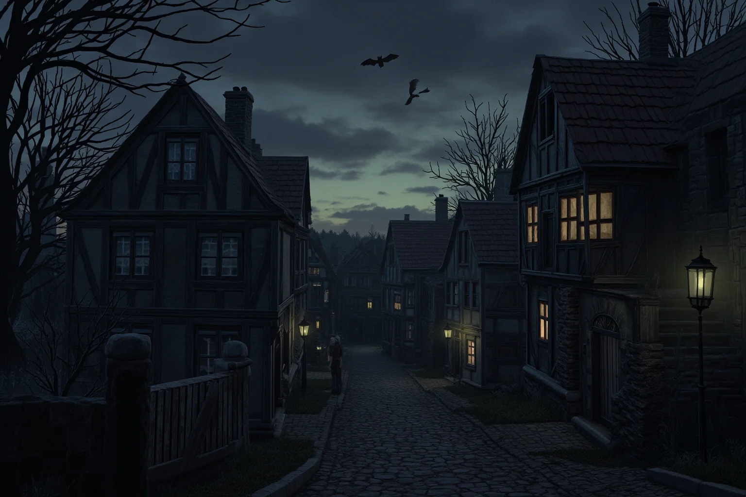 Dark medieval European village scene at dusk evoking folklore and superstition, illustrative style