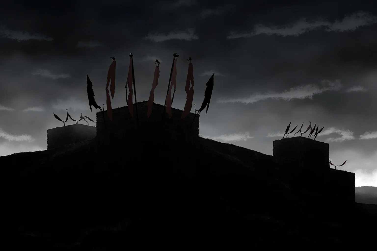 Historical Villains Who Were Actually Heroes 4 Dark medieval illustration of a Wallachian prince's fortress silhouetted against a stormy sky with impaled banners in shadow, non-graphic symbolic style