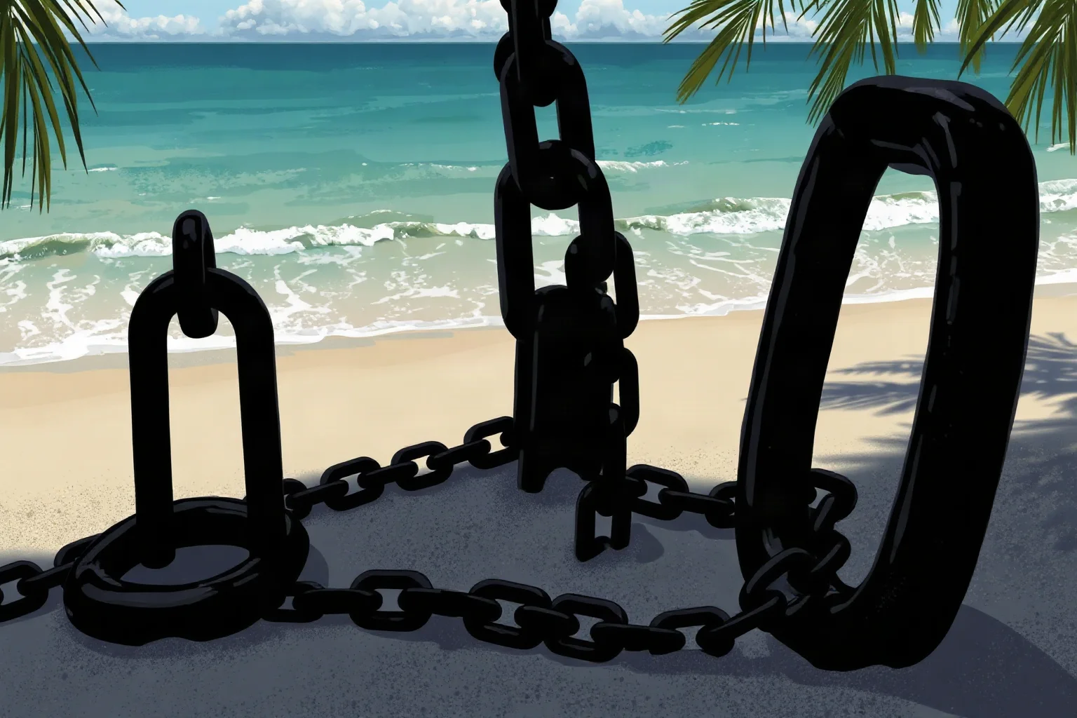 Dark, respectful illustration of chains and shackles resting on tropical shoreline sand
