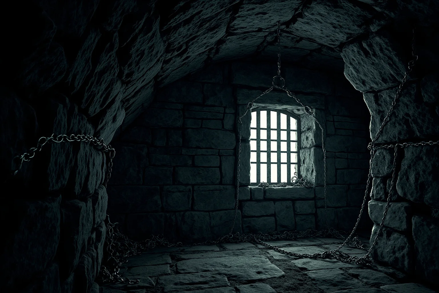 22 Creepiest People in History (And the Truth Behind Their Legends) 7 Dark stone dungeon with iron chains and a single barred window, historical illustration style