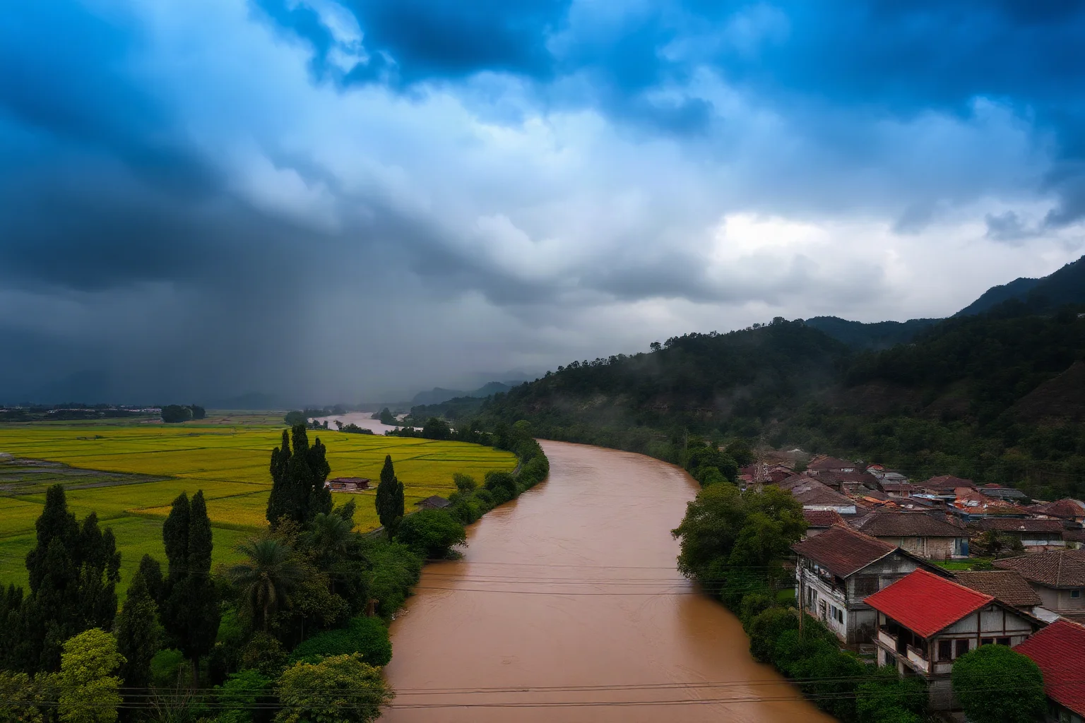 Dark storm clouds pouring rain over a swollen river winding through Chinese farmland