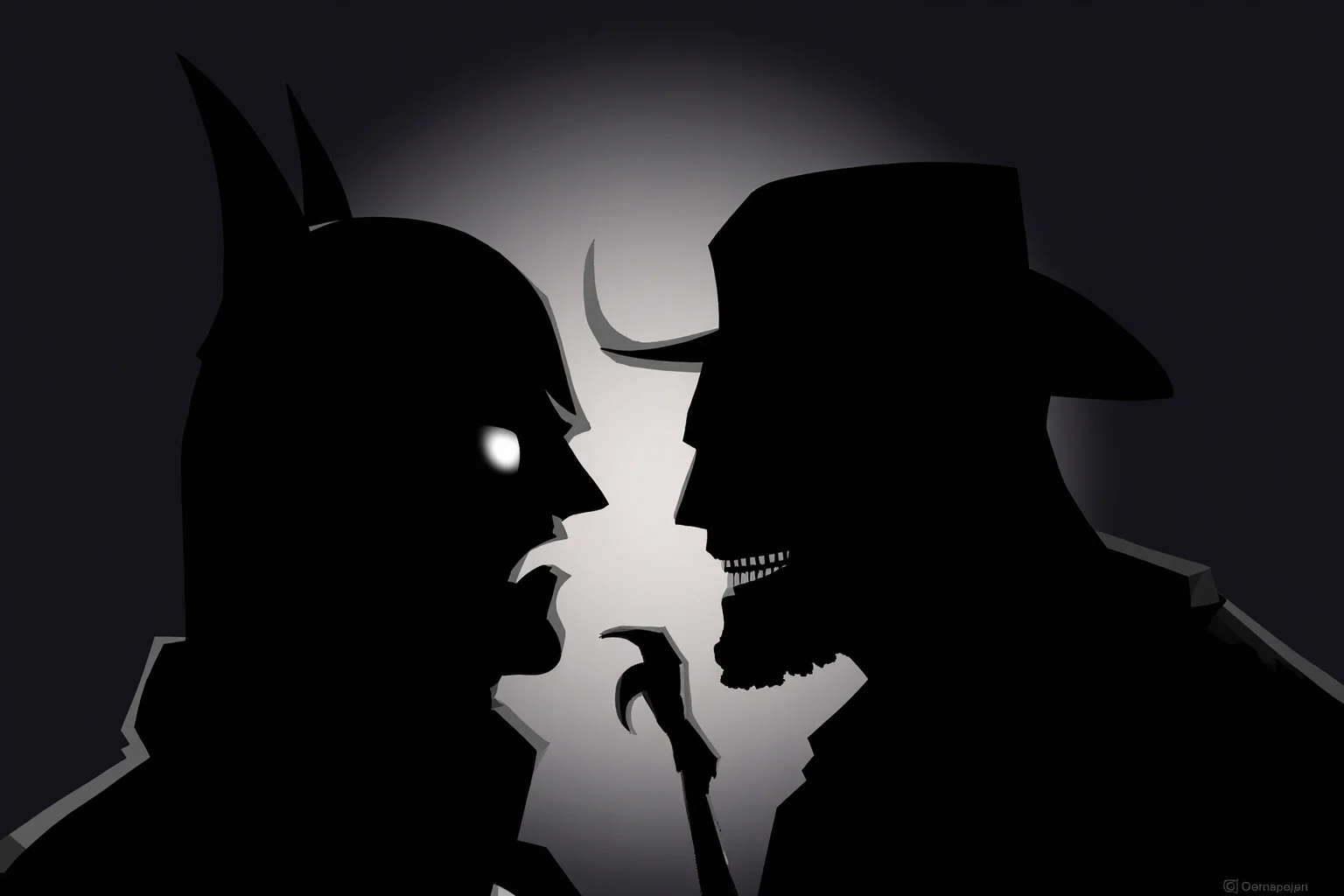 26 of History's Most Famous Rivalries 22 Dark stylized illustration of a caped hero silhouette and a grinning trickster silhouette facing off