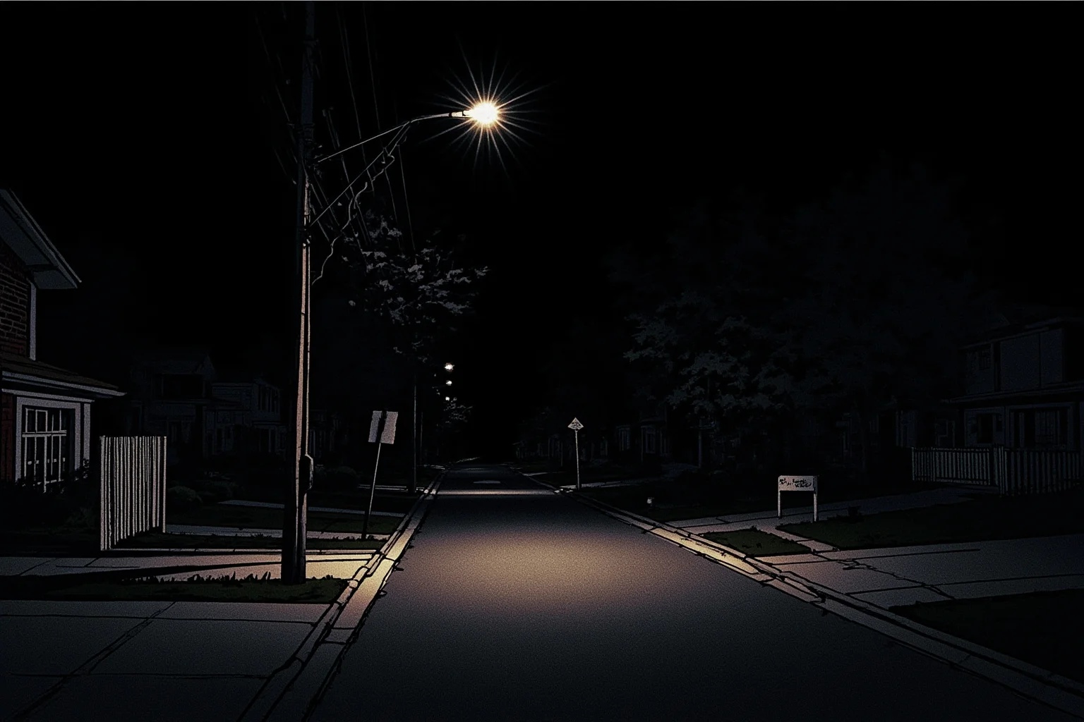22 Creepiest People in History (And the Truth Behind Their Legends) 22 Dark suburban street at night lit by a single streetlamp, eerie 1970s-style illustration