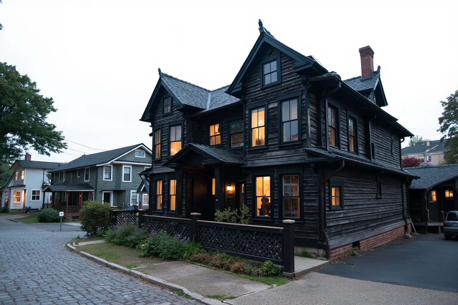 25 Famous American Historical Homes You Can Still Visit Today 20 Dark wooden colonial house with multiple steep gabled rooflines in a historic New England seaside town