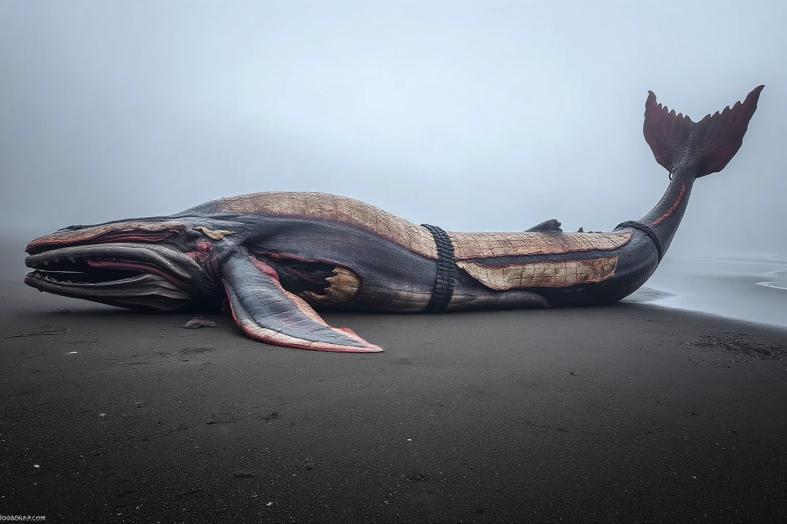 Decomposing whale carcass washed on a foggy beach, resembling a serpentine monster silhouette