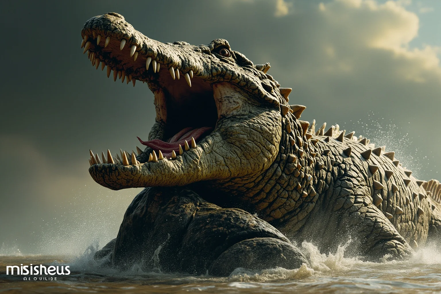Deinosuchus terrible crocodile attacking a dinosaur in shallow water, showing its enormous bite and predatory behavior