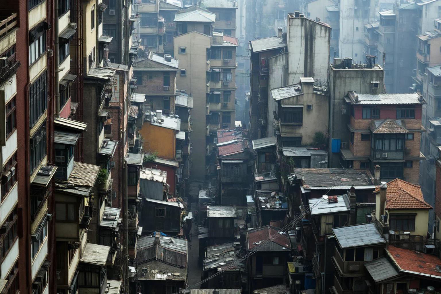 Dense chaotic urban maze of Kowloon Walled City before demolition with tightly packed high-rises and narrow alleyways