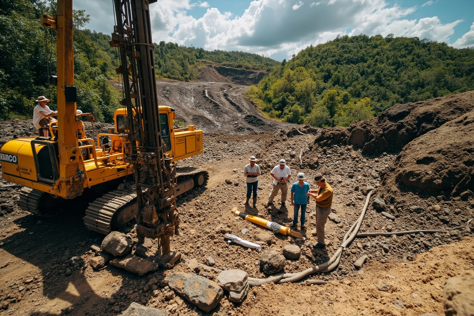 Dense jungle mining site with drilling equipment and workers examining rock core samples