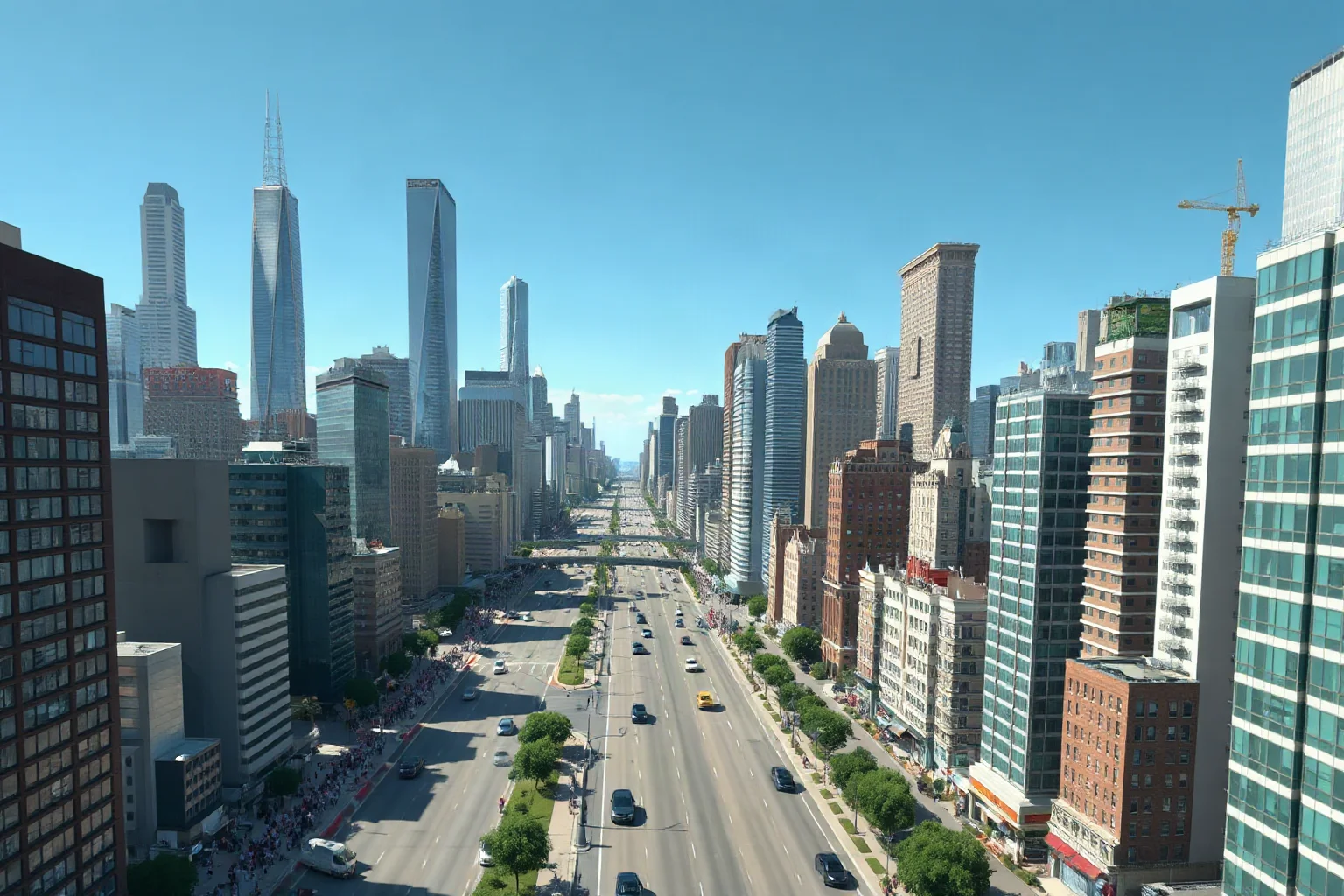 Dense urban skyline with a massive crowd filling a highway between skyscrapers, illustrative style