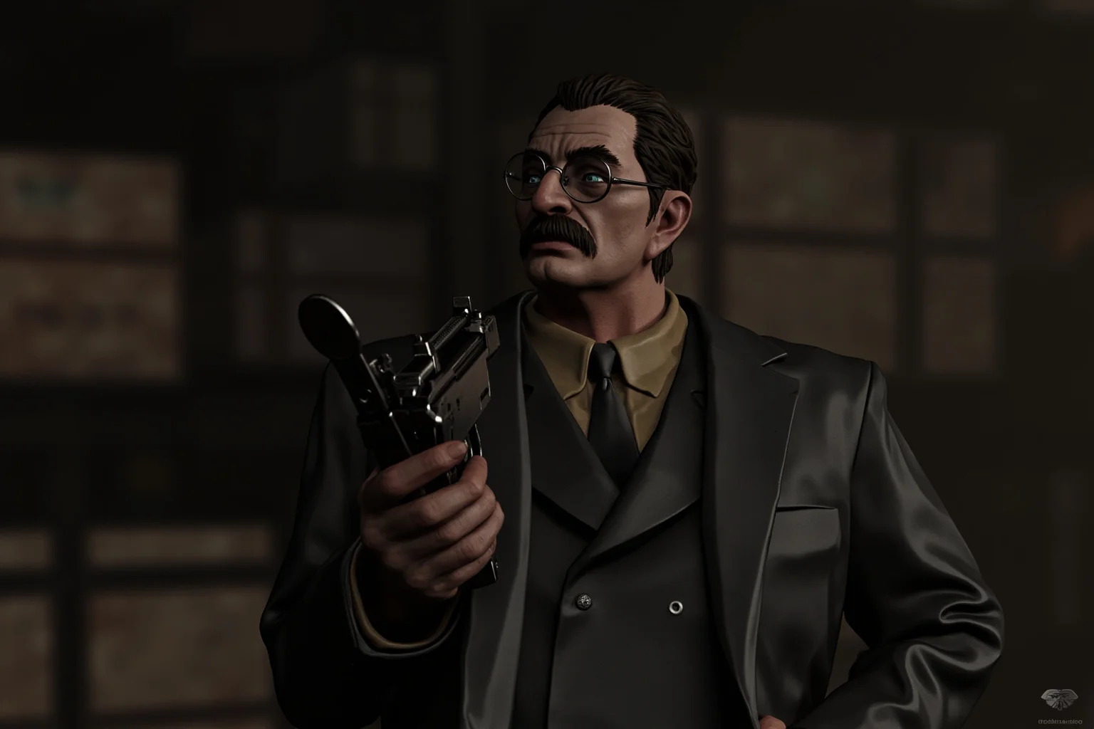 Depression-era gangster in a suit holding a vintage tommy gun in a dim urban warehouse