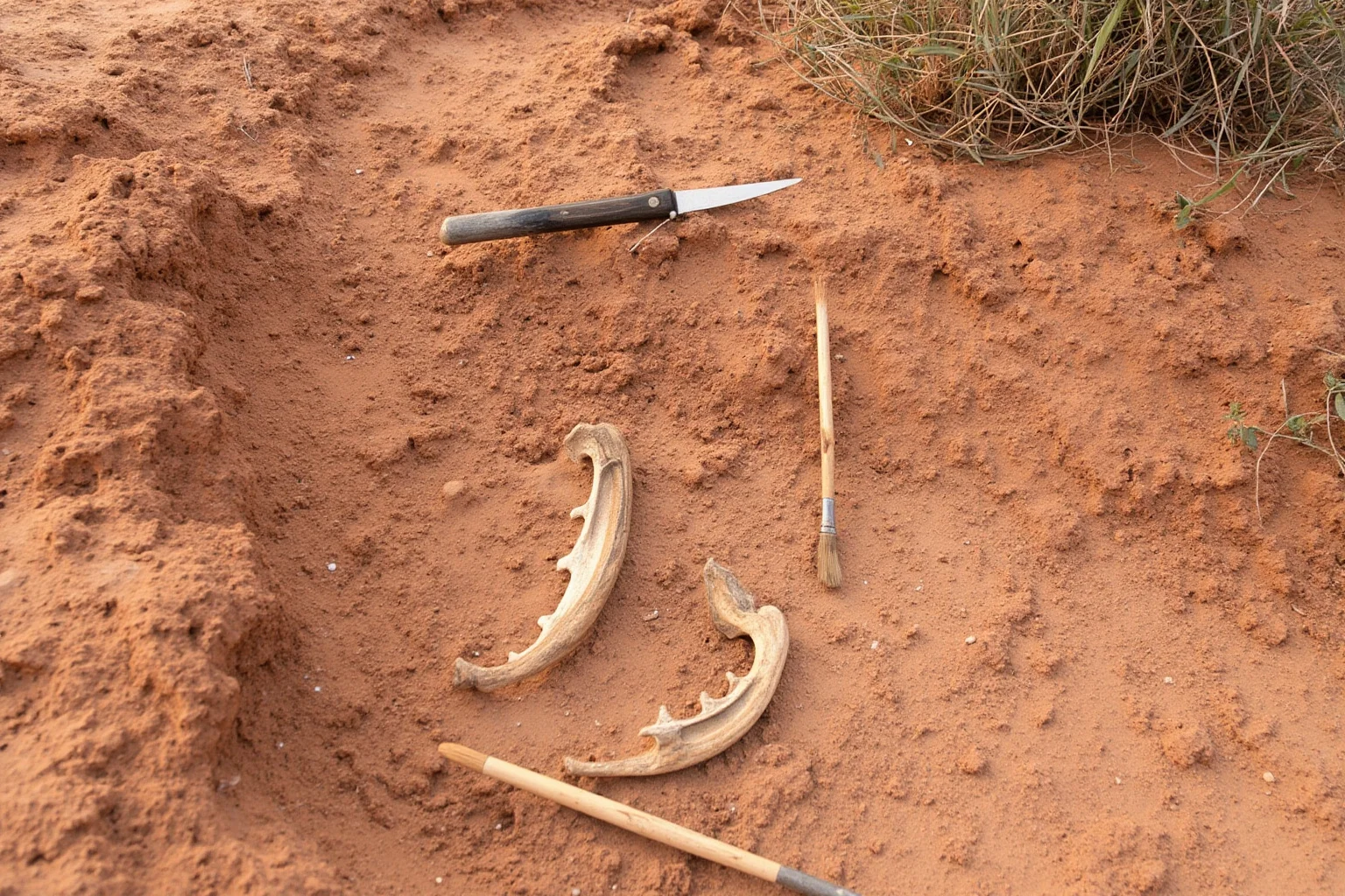 Desert canyon site with a fossil dig in progress, tools and brushes near a partially excavated bone