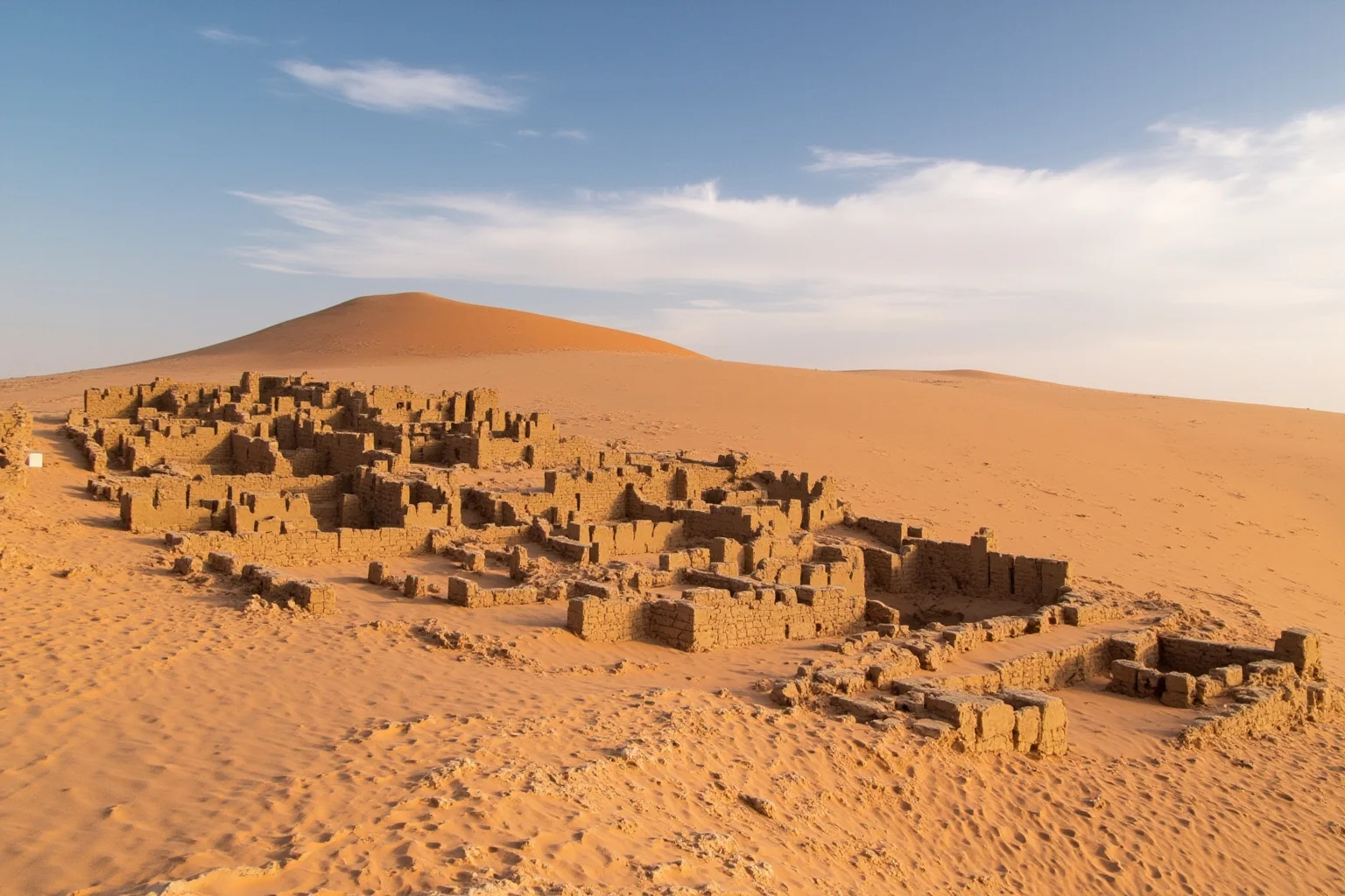 Desert ruins of a Silk Road oasis city half-buried in sand dunes under a vast sky