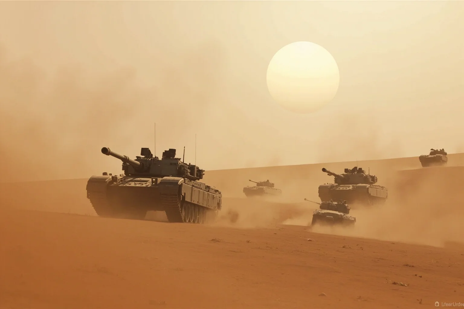 Memorable Moments Of Friendly Fire Throughout History 14 Desert tanks and armored vehicles kicking up dust under a hazy sun, generic modern military illustration
