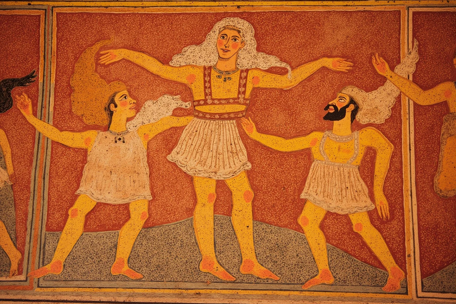 Detailed ancient fresco panel of mythological figures in rich red and gold tones on a villa wall