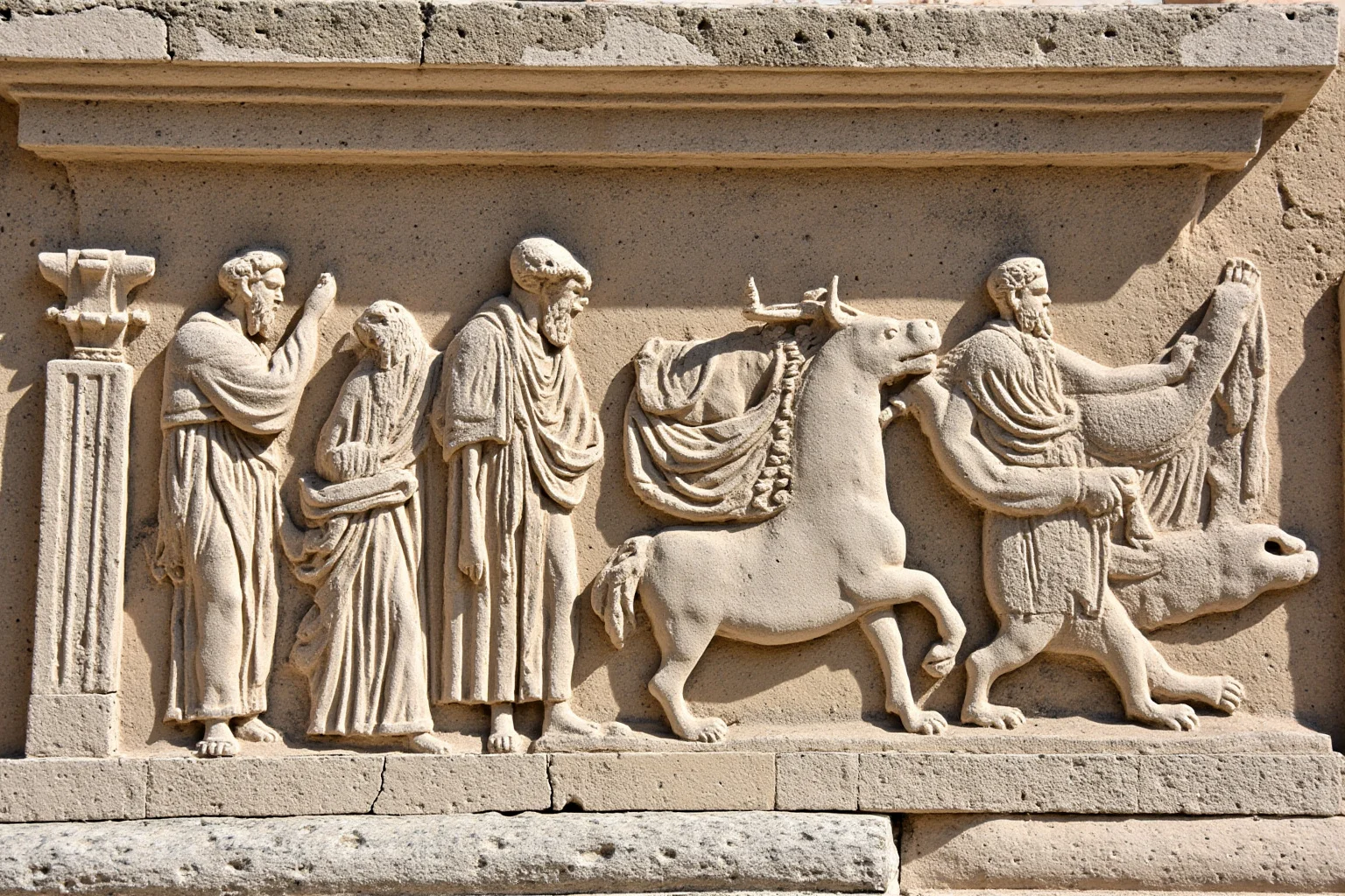 Detailed carved stone frieze showing a procession of ancient Greek figures and mythological creatures