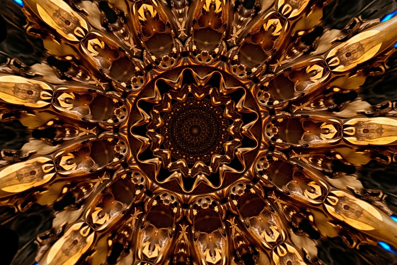 Detailed close-up of jagged bronze crater-like textures forming an abstract explosive burst shape