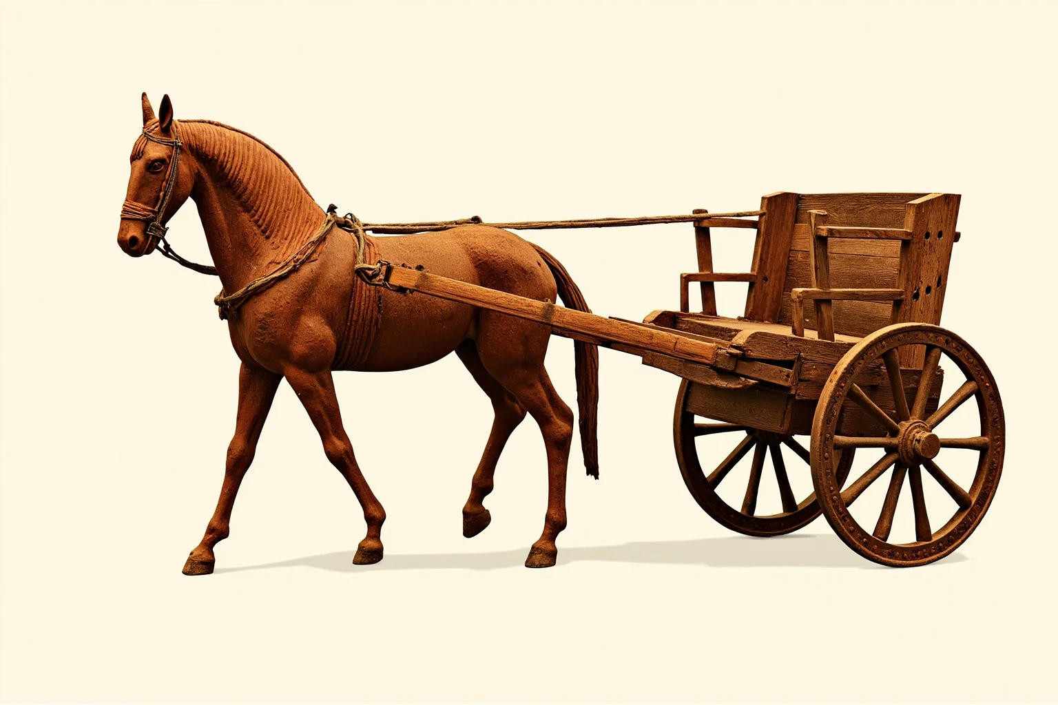 Detailed illustration of a terracotta horse harnessed to an ancient wooden chariot