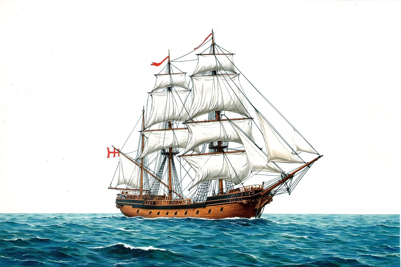 Detailed illustration of a three-masted sailing ship on the open ocean, evoking a 19th-century scientific survey voyage