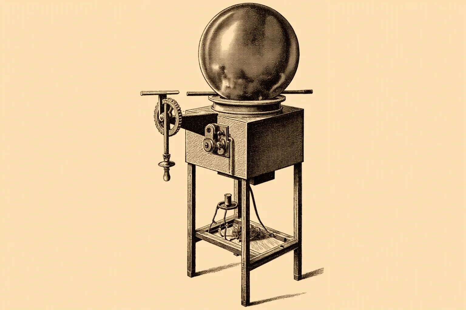 Detailed illustration of an antique electric candy-spinning machine with gears and a spinning drum, sepia tone