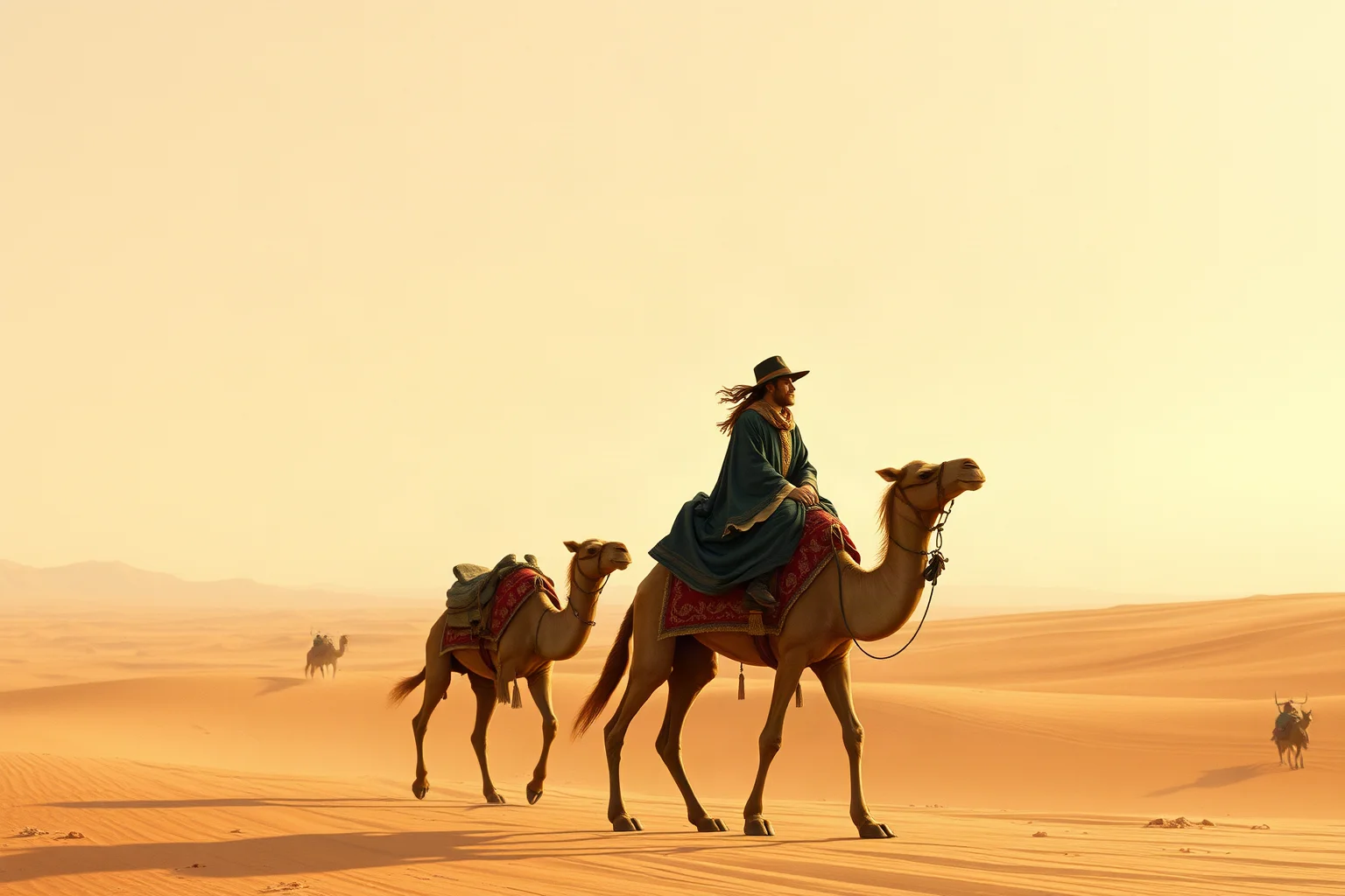 Determined ancient diplomat traveling by camel caravan across a desert Silk Road landscape