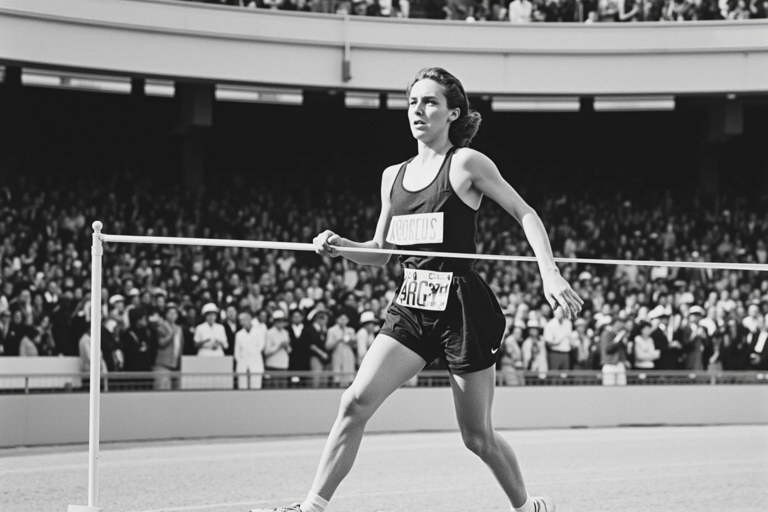 Female Athletes In History Who Changed The Game 8 Determined female sprinter crossing an Olympic finish line in 1940s track uniform, cheering crowd in soft-focus background