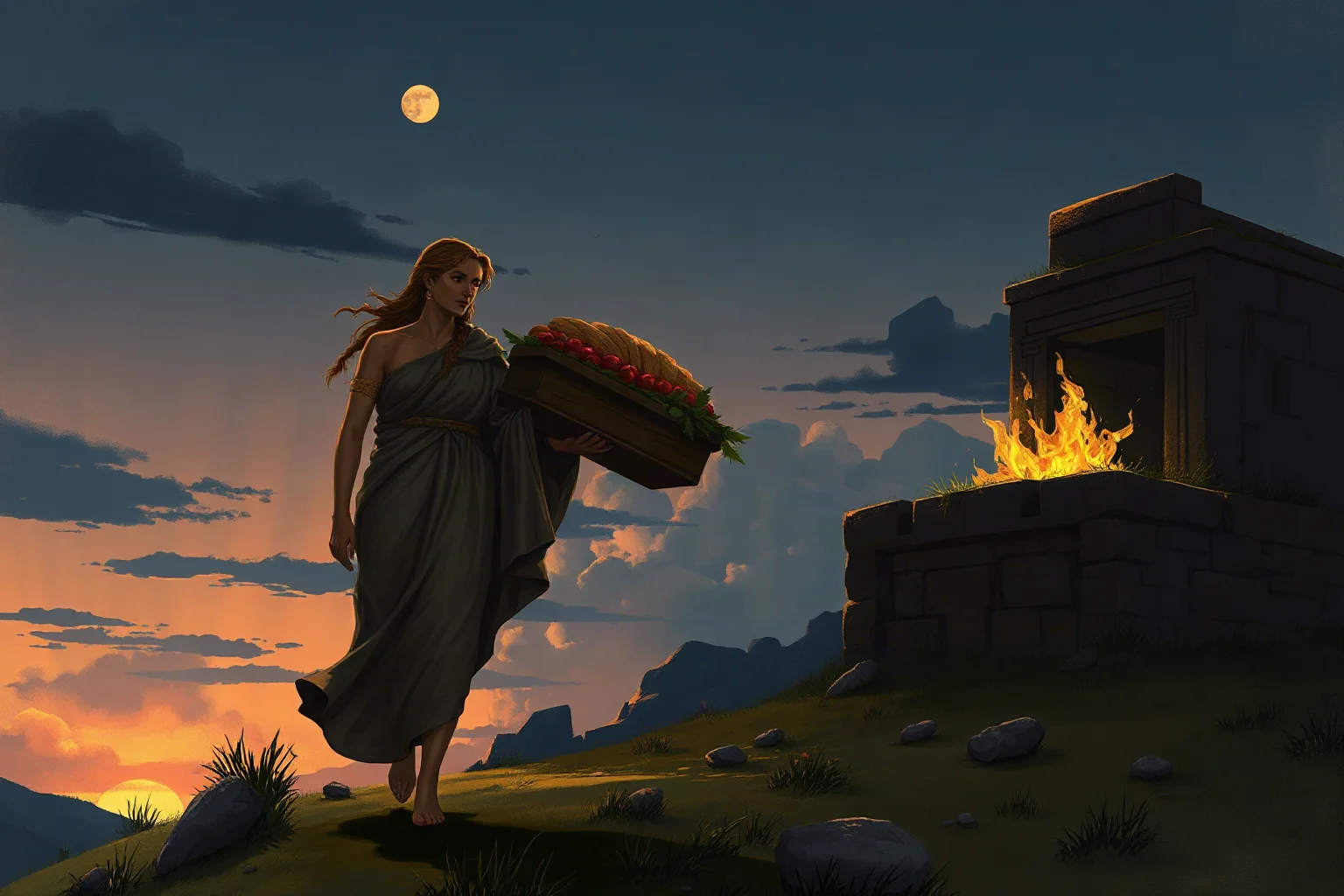 Determined Greek princess carrying burial offerings toward a tomb at dusk, mythological illustration