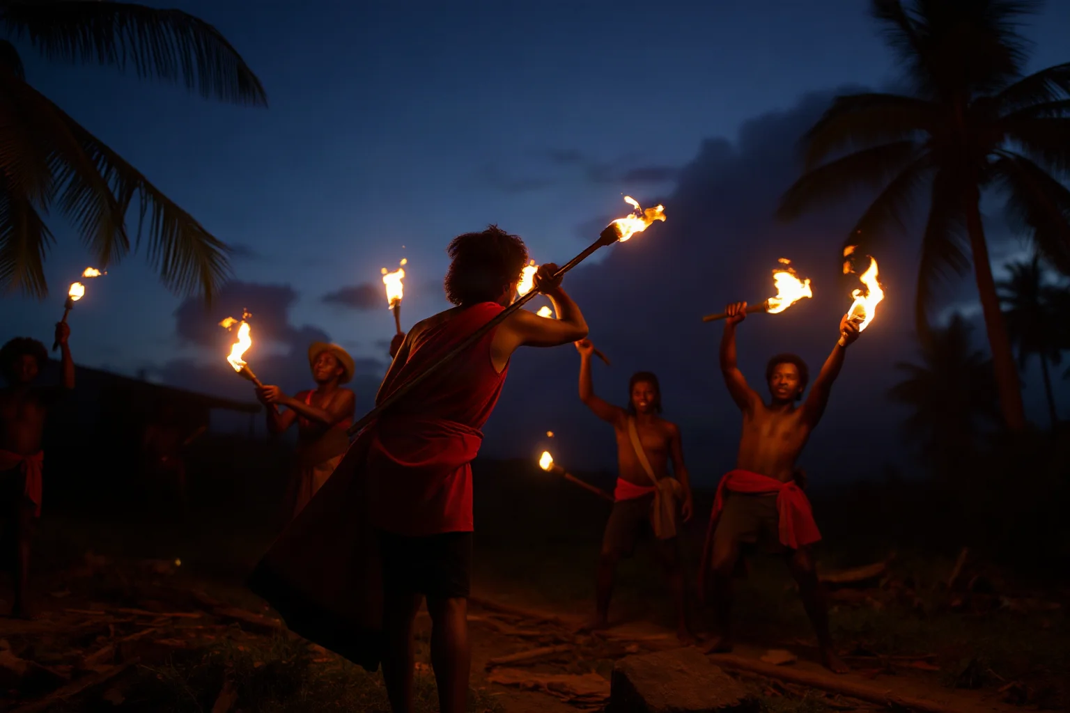 Determined rebels with torches on a Caribbean plantation at dusk, Haitian revolution era